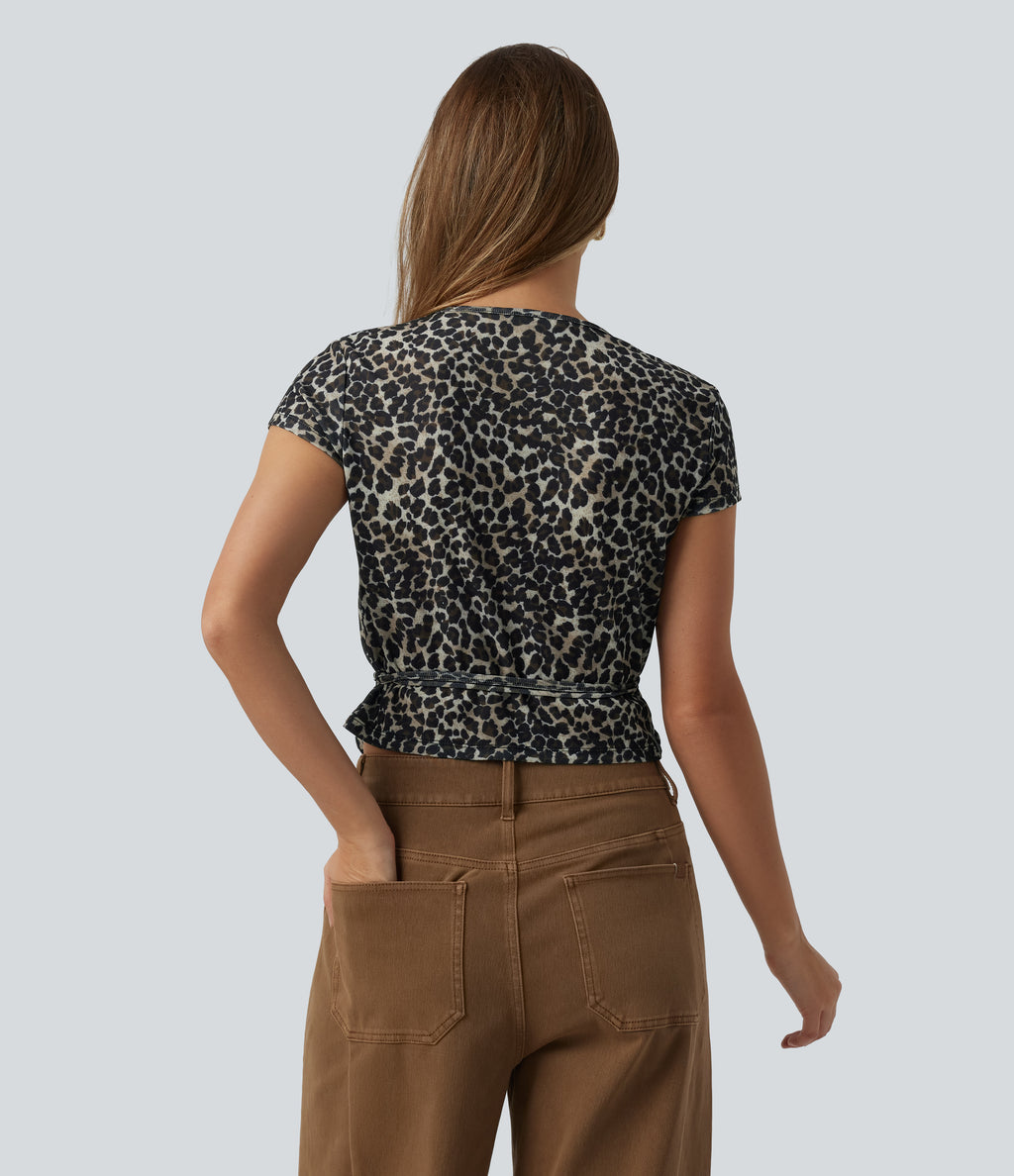 Deep V-neck Short Sleeve Wrap Tie Leopard Print Casual T-Shirt — Cloud Yellow Leopard — view 2