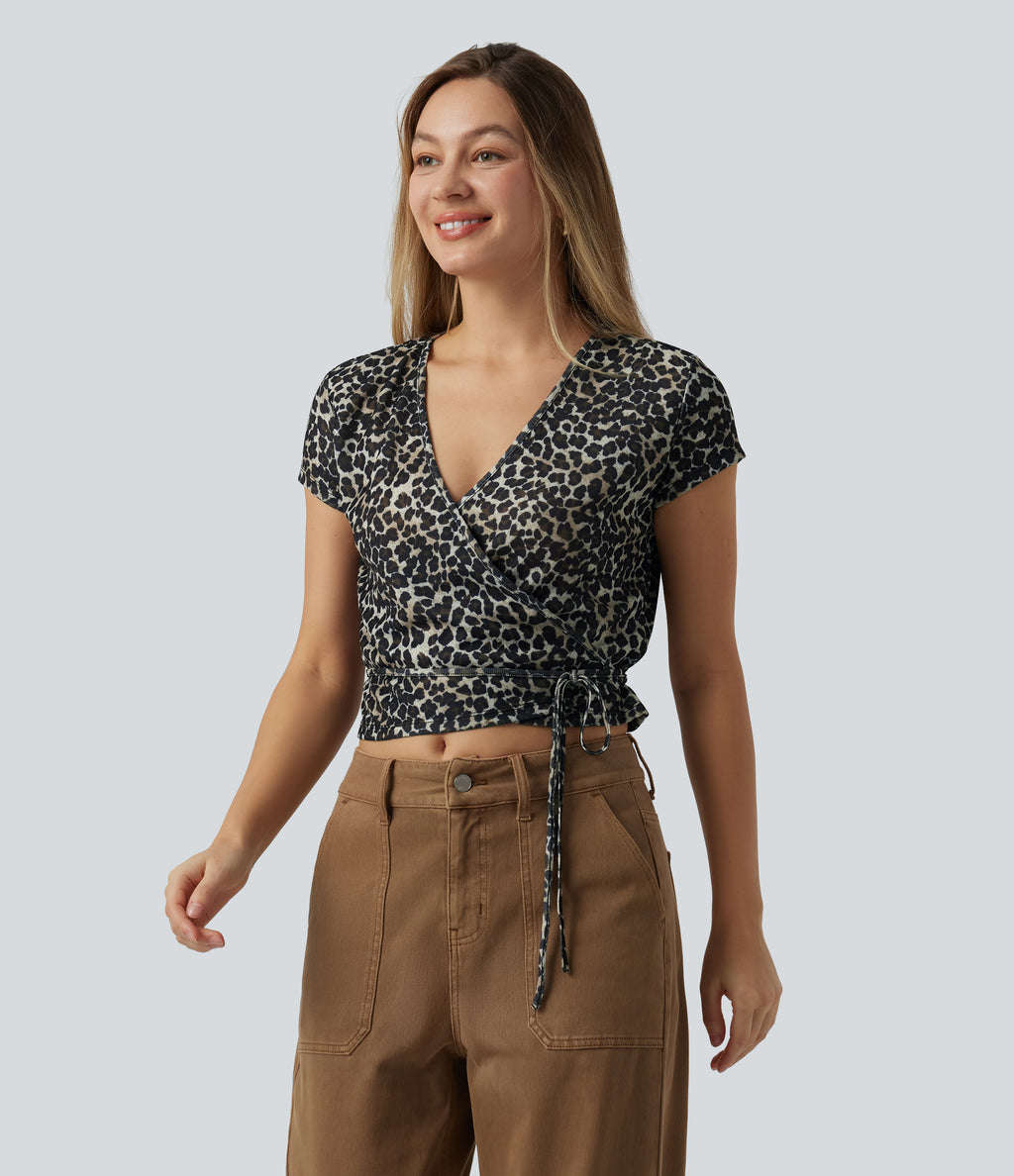 Deep V-neck Short Sleeve Wrap Tie Leopard Print Casual T-Shirt — Cloud Yellow Leopard — view 3