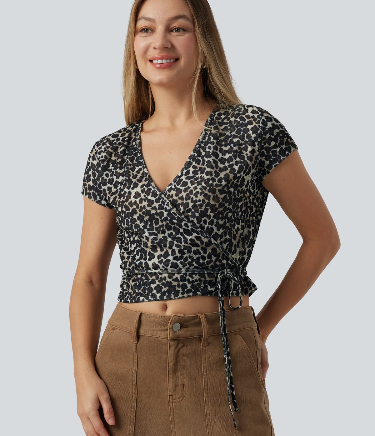 Deep V-neck Short Sleeve Wrap Tie Leopard Print Casual T-Shirt — Cloud Yellow Leopard — view 1