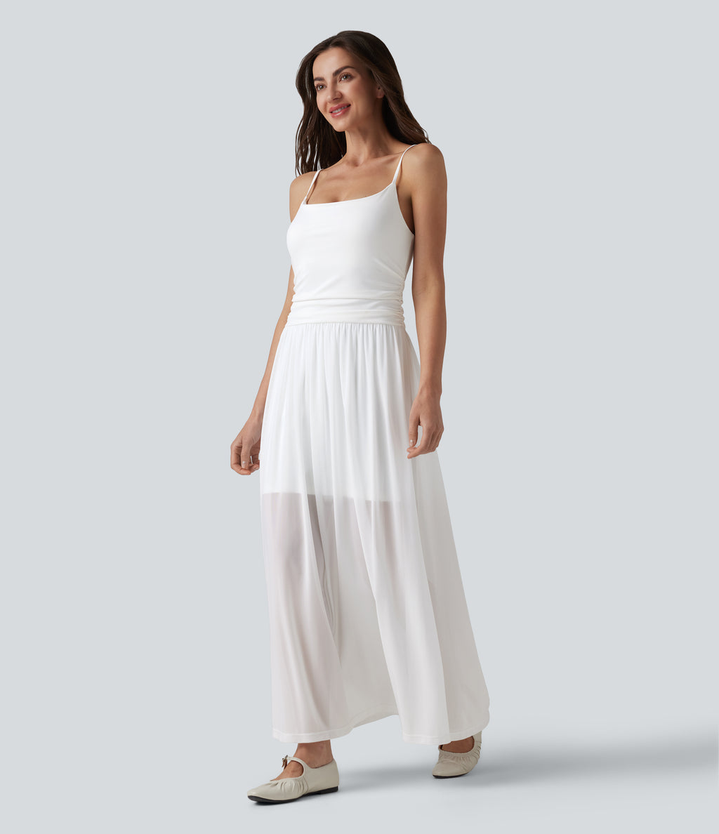 Adjustable Straps Ruched Contrast Mesh Built-in Bra Maxi Casual Flowy Slip Dress — White — view 3