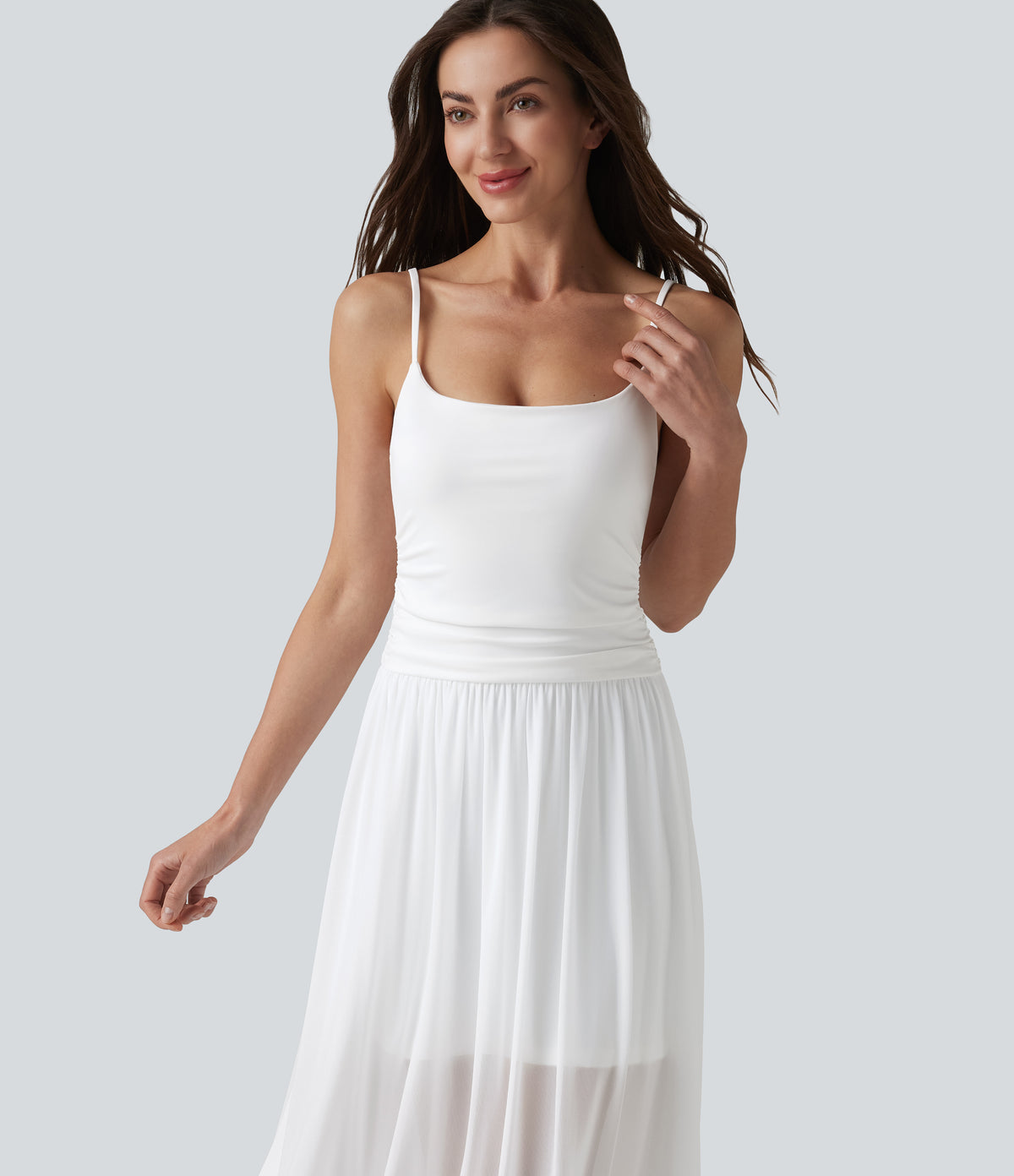 Adjustable Straps Ruched Contrast Mesh Built-in Bra Maxi Casual Flowy Slip Dress — White — view 4