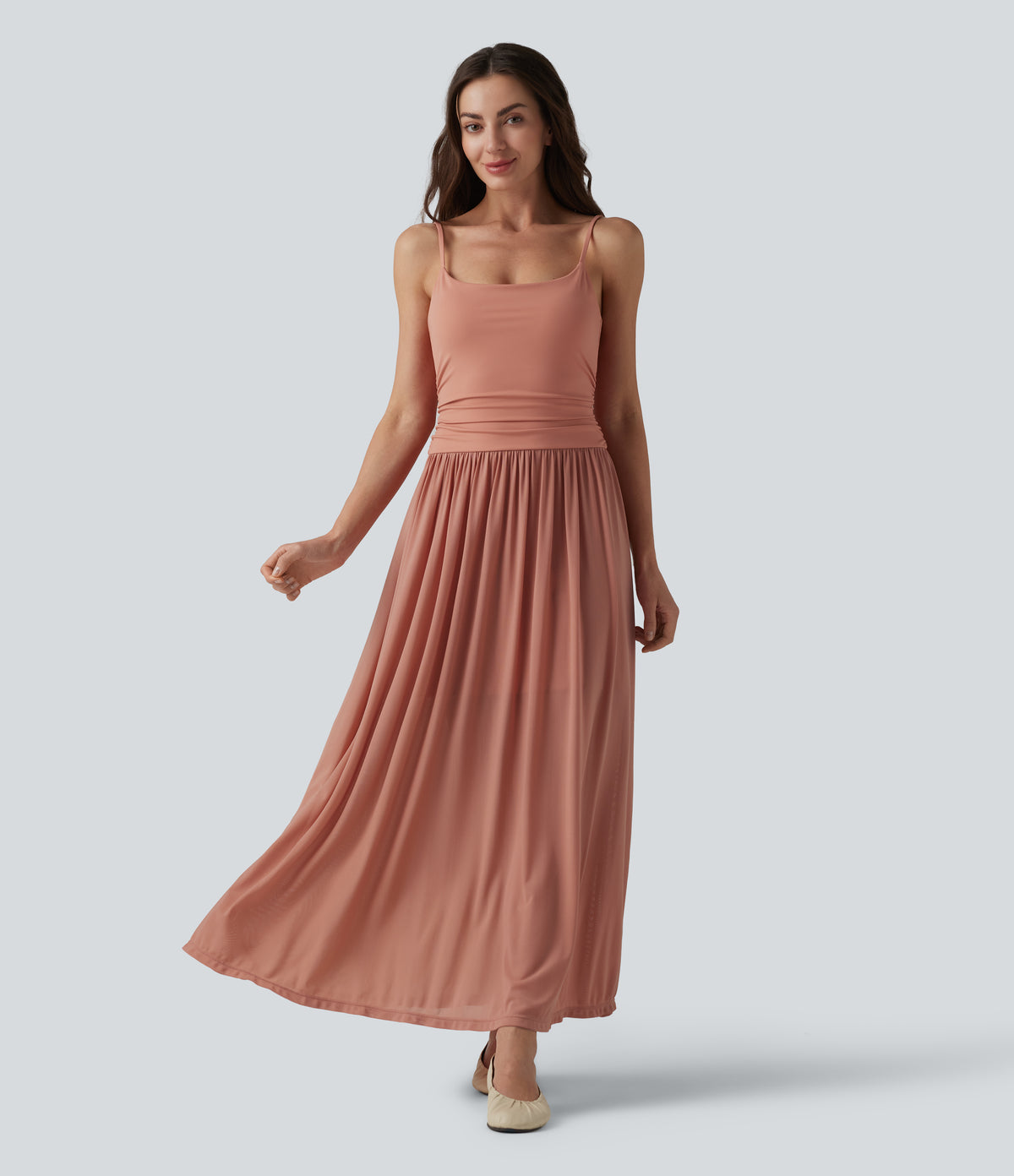 Adjustable Straps Ruched Contrast Mesh Built-in Bra Maxi Casual Flowy Slip Dress — Dark Salmon — view 8