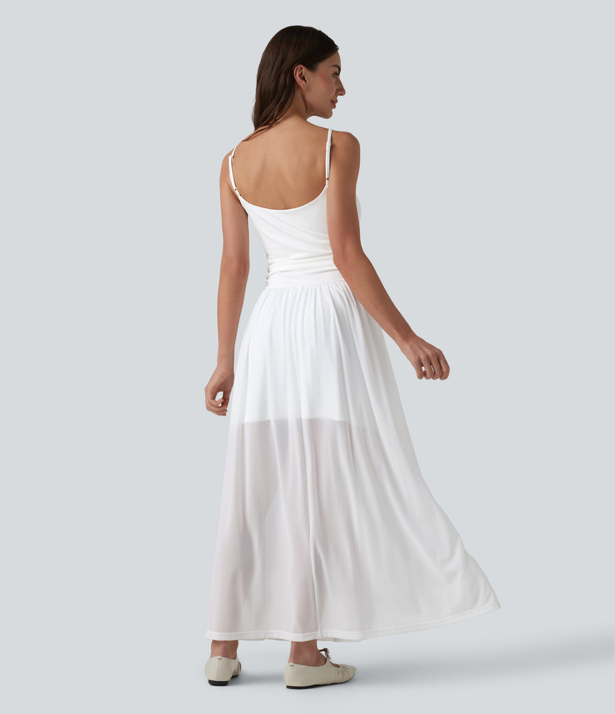 Adjustable Straps Ruched Contrast Mesh Built-in Bra Maxi Casual Flowy Slip Dress — White — view 2