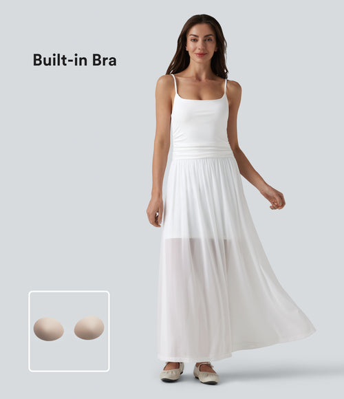 Adjustable Straps Ruched Contrast Mesh Built-in Bra Maxi Casual Flowy Slip Dress — White — view 1
