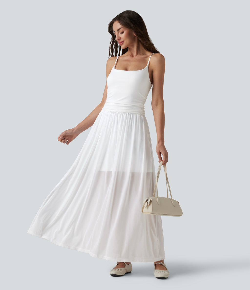Adjustable Straps Ruched Contrast Mesh Built-in Bra Maxi Casual Flowy Slip Dress — White — view 6