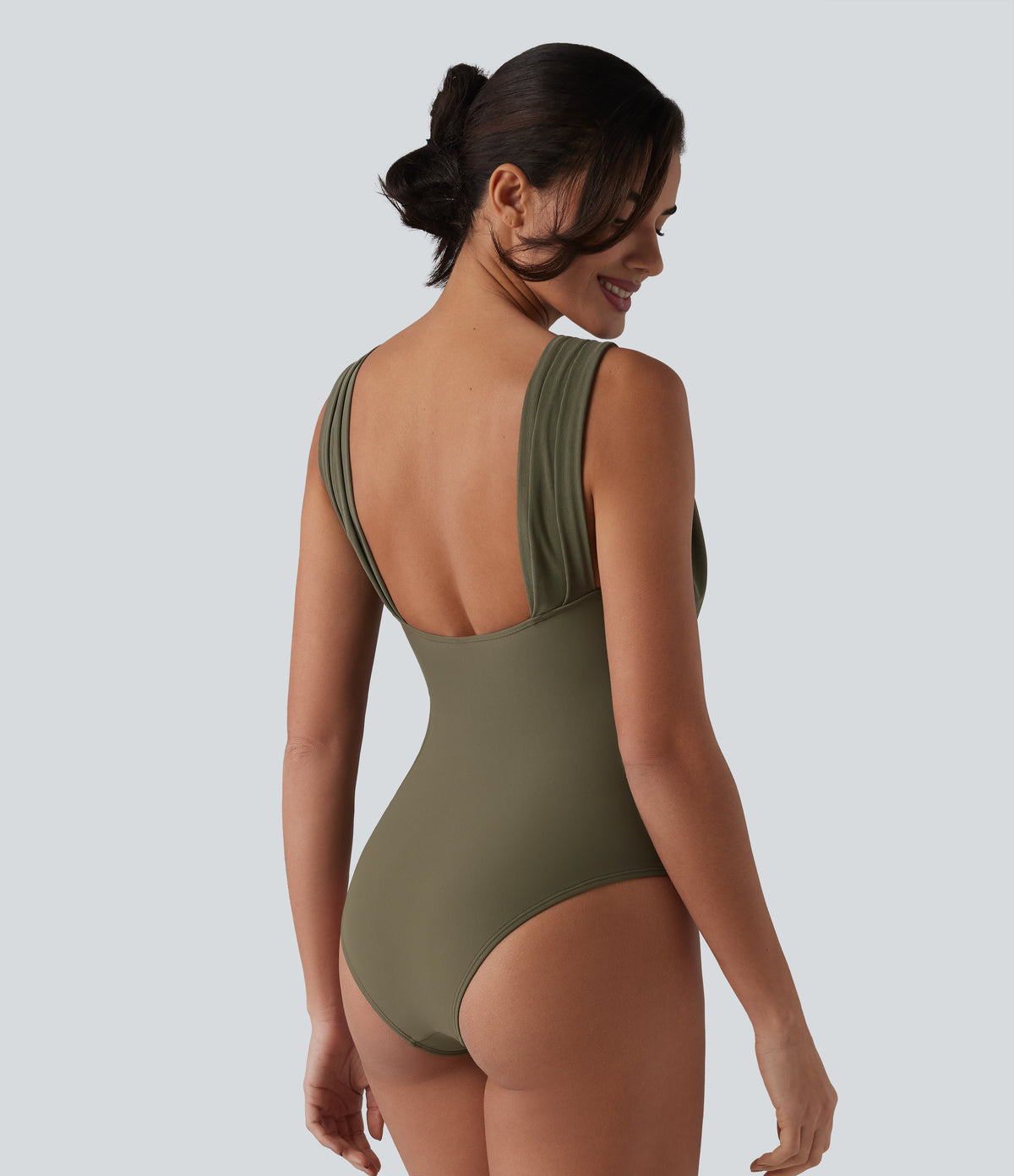 V-neck Sleeveless Tummy Control Built-in Bra One Piece Swimsuit — Deep Sage — view 2