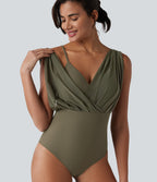 V-neck Sleeveless Tummy Control Built-in Bra One Piece Swimsuit — Deep Sage — view 4