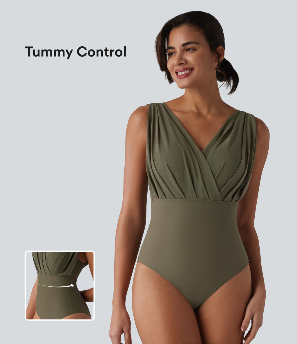 V-neck Sleeveless Tummy Control Built-in Bra One Piece Swimsuit — Deep Sage — view 1