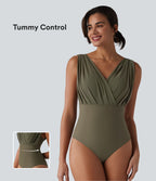 V-neck Sleeveless Tummy Control Built-in Bra One Piece Swimsuit — Deep Sage — view 1