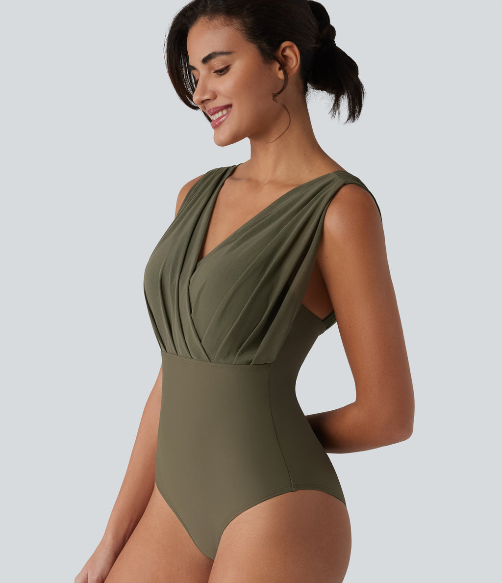 V-neck Sleeveless Tummy Control Built-in Bra One Piece Swimsuit — Deep Sage — view 6
