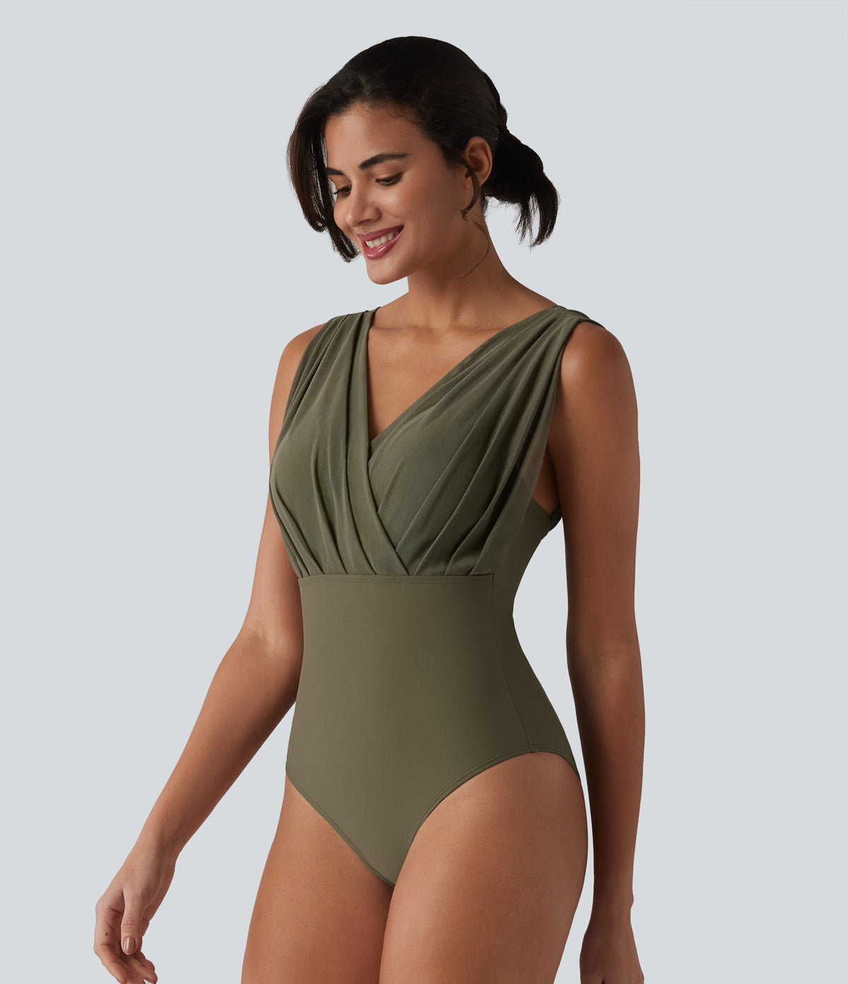 V-neck Sleeveless Tummy Control Built-in Bra One Piece Swimsuit — Deep Sage — view 3