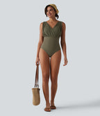 V-neck Sleeveless Tummy Control Built-in Bra One Piece Swimsuit — Deep Sage — view 7