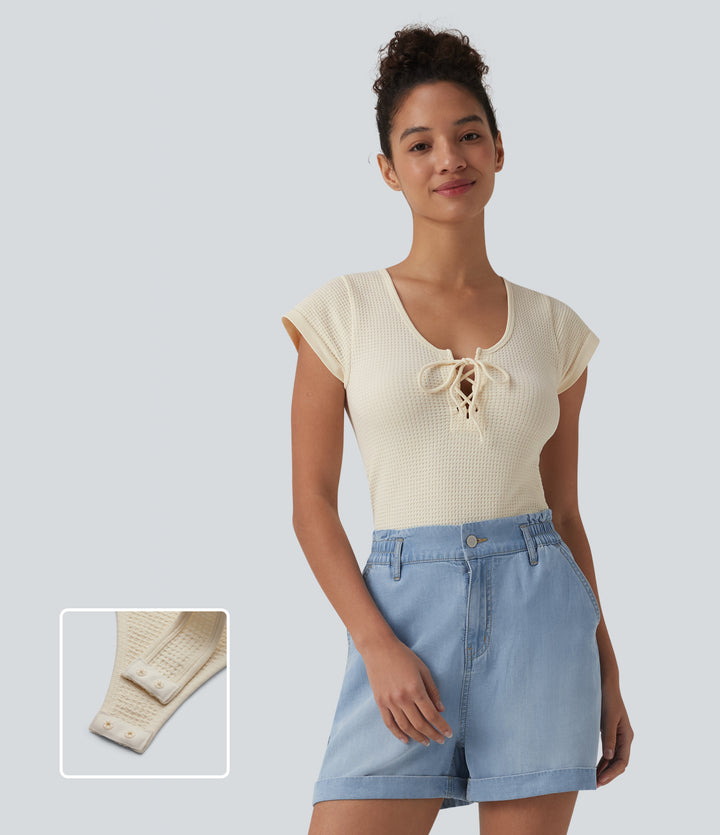Round Neck Lace Up Short Sleeve Snap Button Casual Waffle Bodysuit — Rice Khaki — view 1