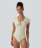 Round Neck Lace Up Short Sleeve Snap Button Casual Waffle Bodysuit — Rice Khaki — view 2