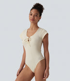 Round Neck Lace Up Short Sleeve Snap Button Casual Waffle Bodysuit — Rice Khaki — view 4