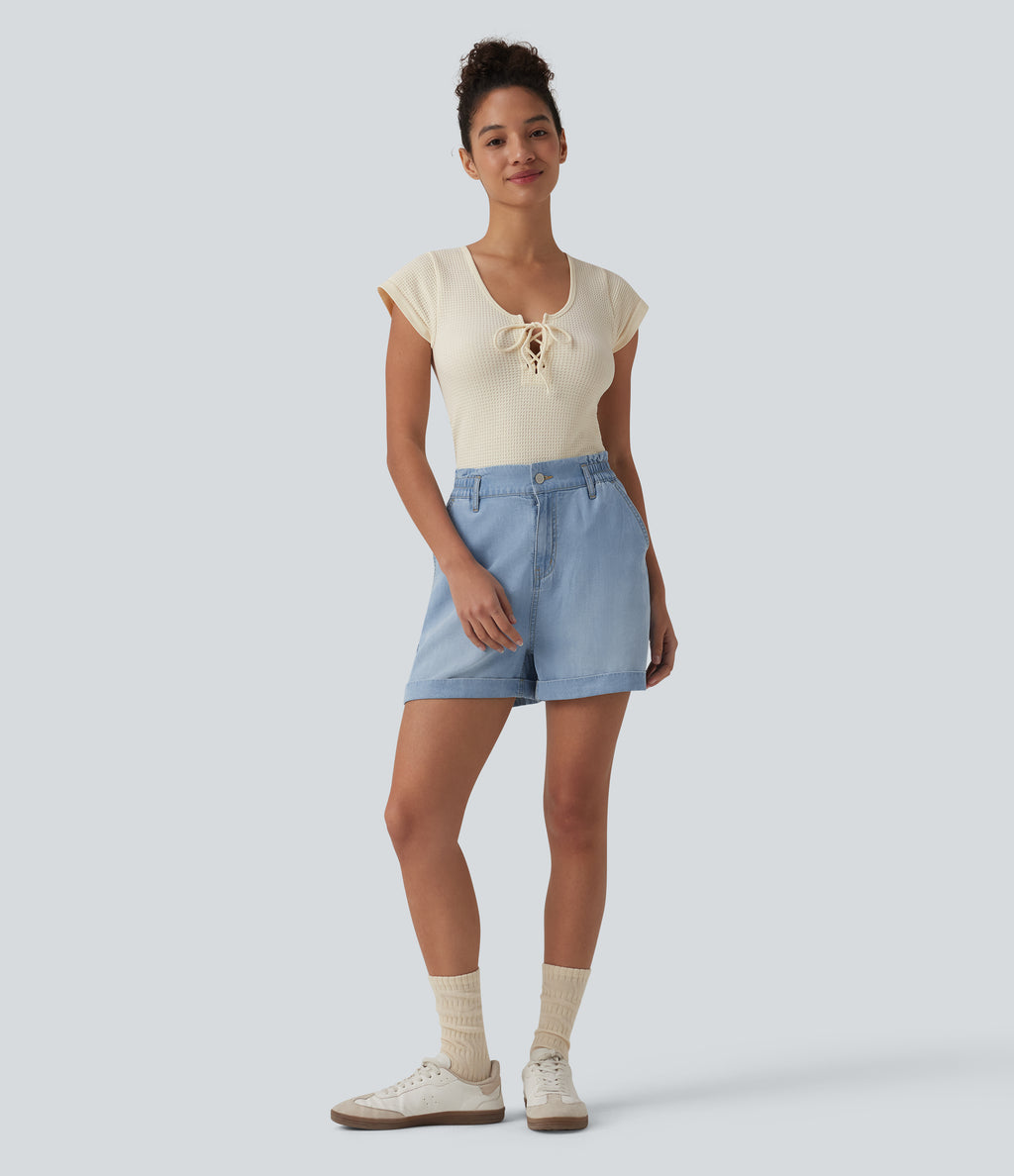 Round Neck Lace Up Short Sleeve Snap Button Casual Waffle Bodysuit — Rice Khaki — view 6