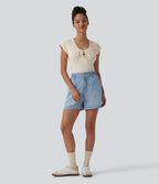 Round Neck Lace Up Short Sleeve Snap Button Casual Waffle Bodysuit — Rice Khaki — view 6