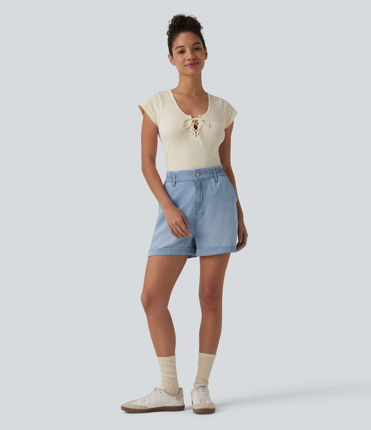 Round Neck Lace Up Short Sleeve Snap Button Casual Waffle Bodysuit — Rice Khaki — view 6