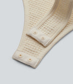 Round Neck Lace Up Short Sleeve Snap Button Casual Waffle Bodysuit — Rice Khaki — view 7