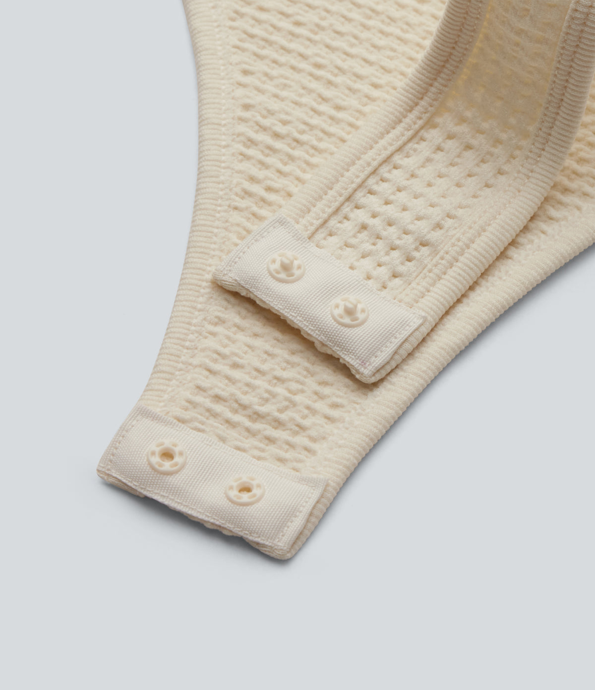 Round Neck Lace Up Short Sleeve Snap Button Casual Waffle Bodysuit — Rice Khaki — view 7