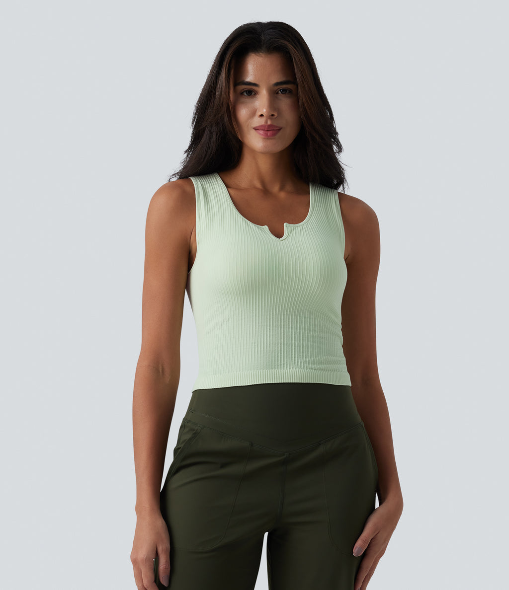 OneForm Seamless Flow Ribbed V-neck Yoga Tank Top — Milky Green — view 3