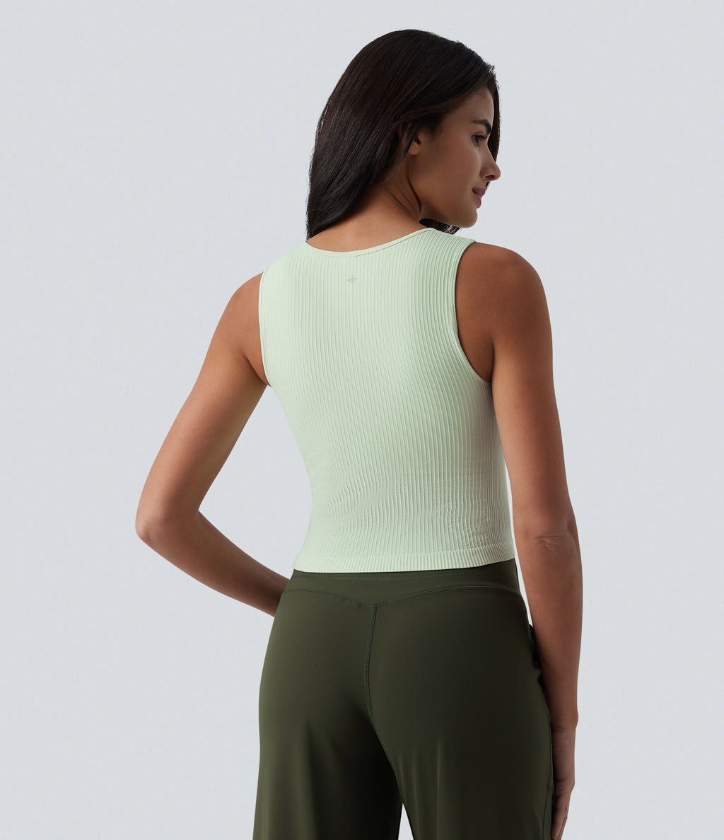 OneForm Seamless Flow Ribbed V-neck Yoga Tank Top — Milky Green — view 2