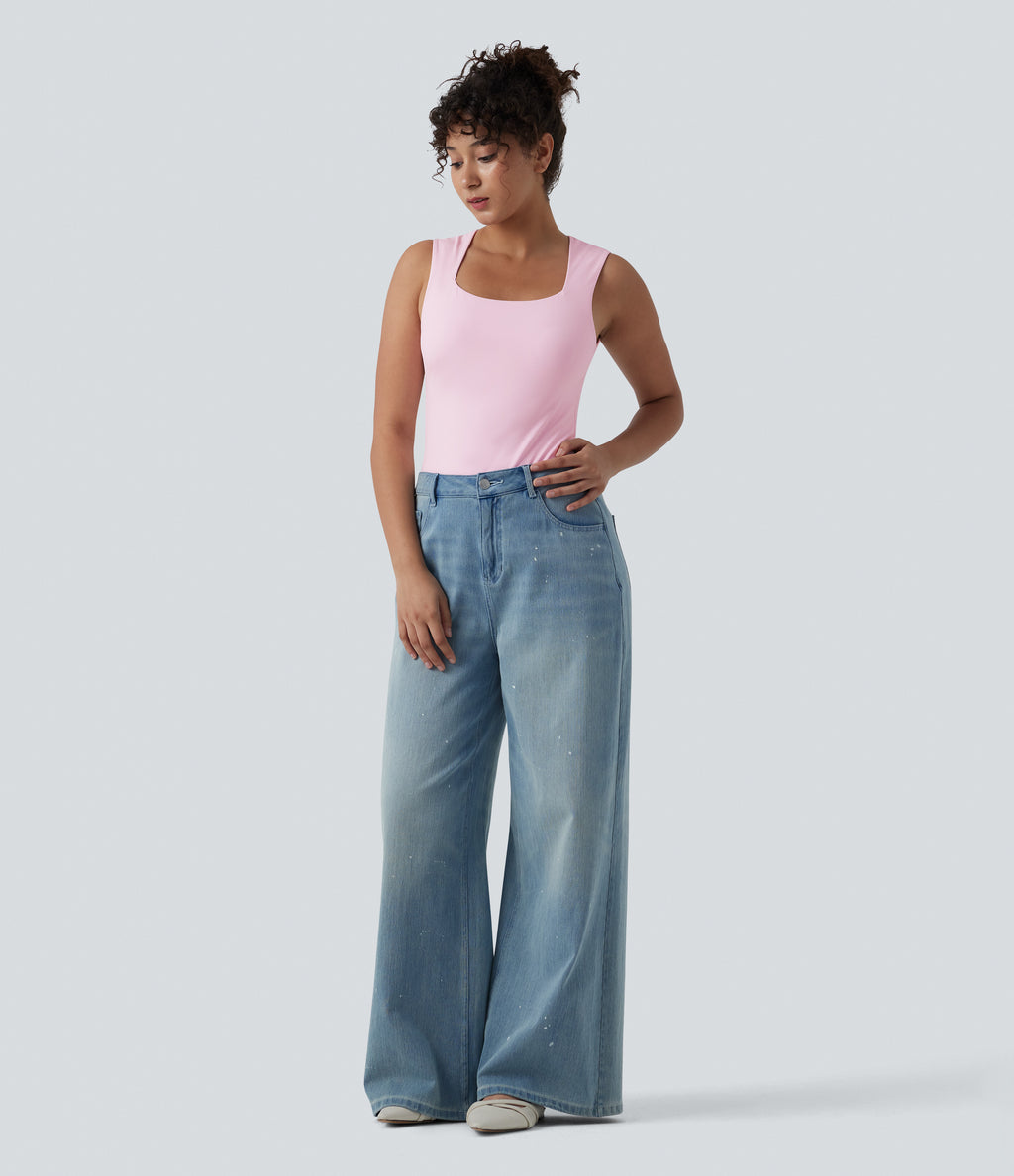 Square Neck Sleeveless Casual Bodysuit — Cradle Pink — view 6