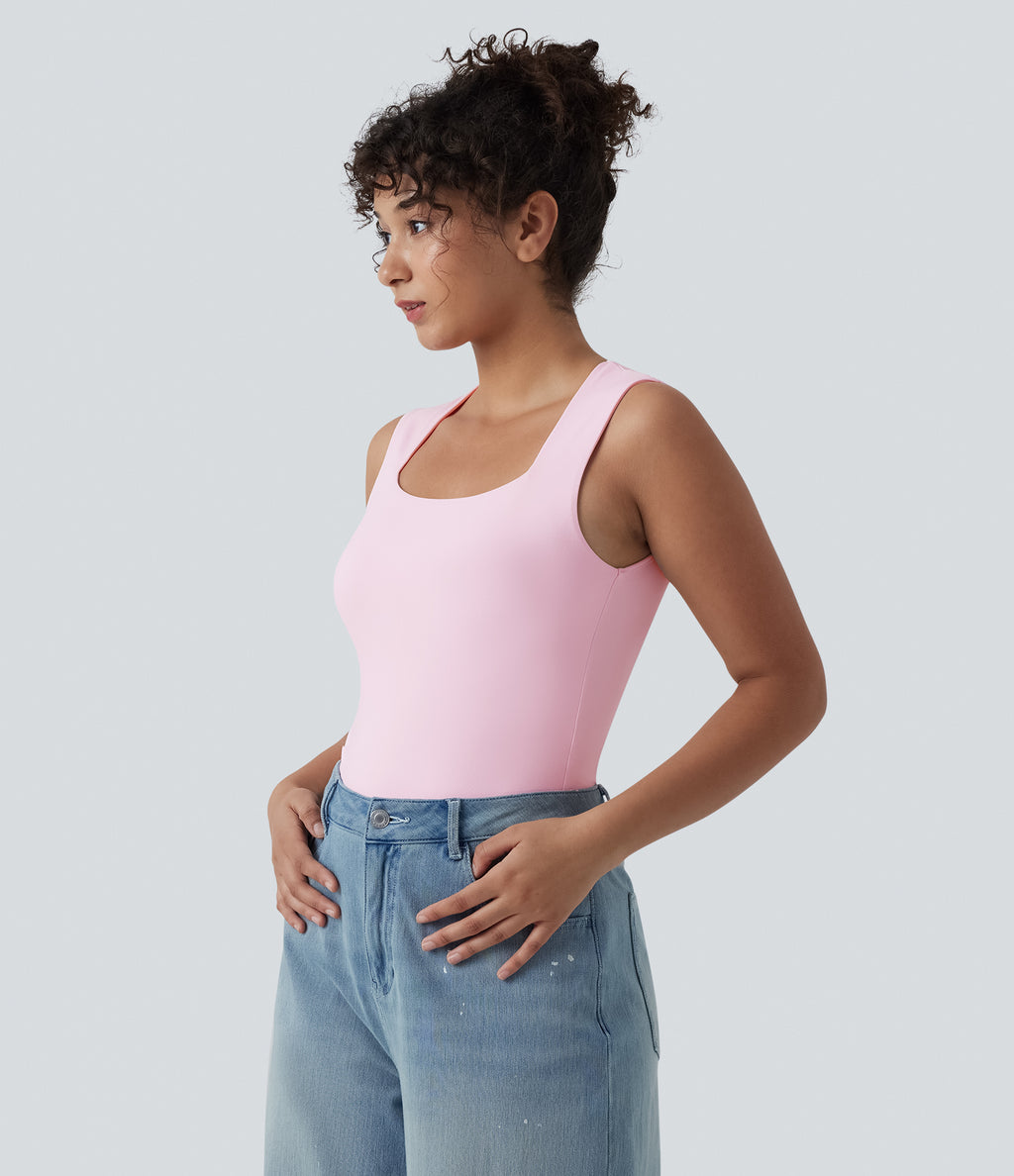 Square Neck Sleeveless Casual Bodysuit — Cradle Pink — view 3