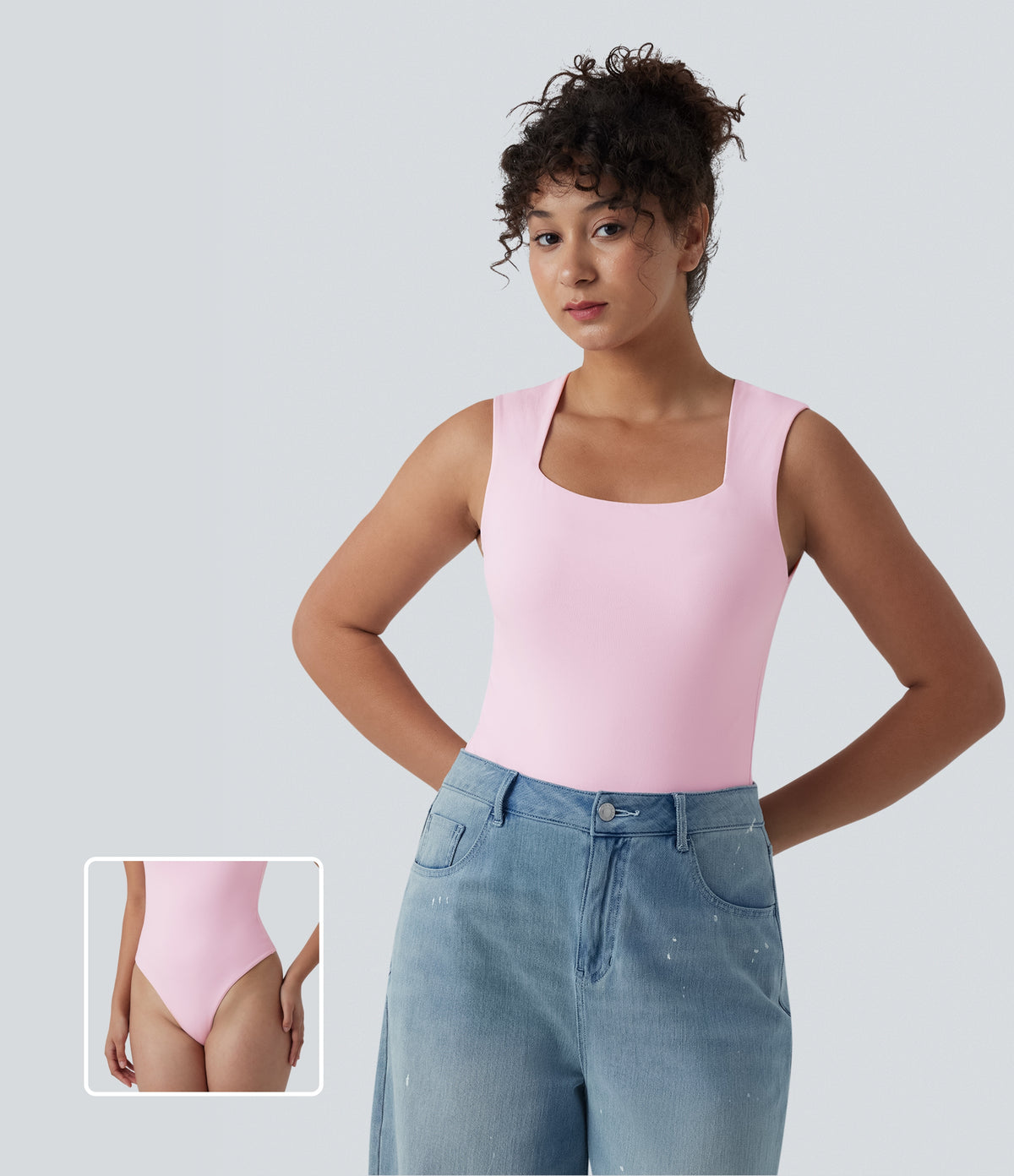 Square Neck Sleeveless Casual Bodysuit — Cradle Pink — view 1