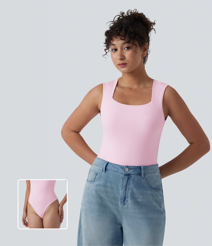 Square Neck Sleeveless Casual Bodysuit — Cradle Pink — view 1