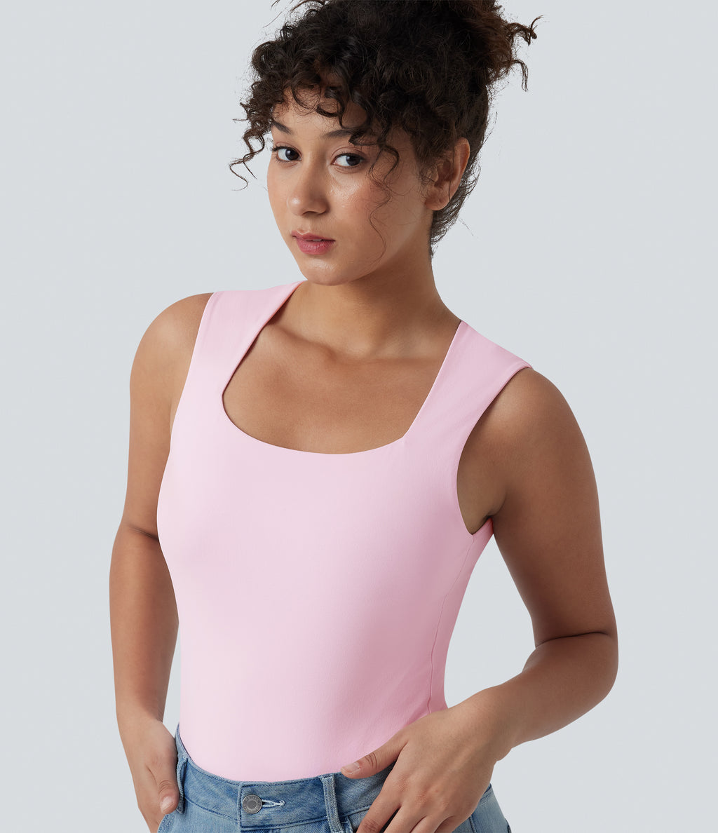 Square Neck Sleeveless Casual Bodysuit — Cradle Pink — view 5