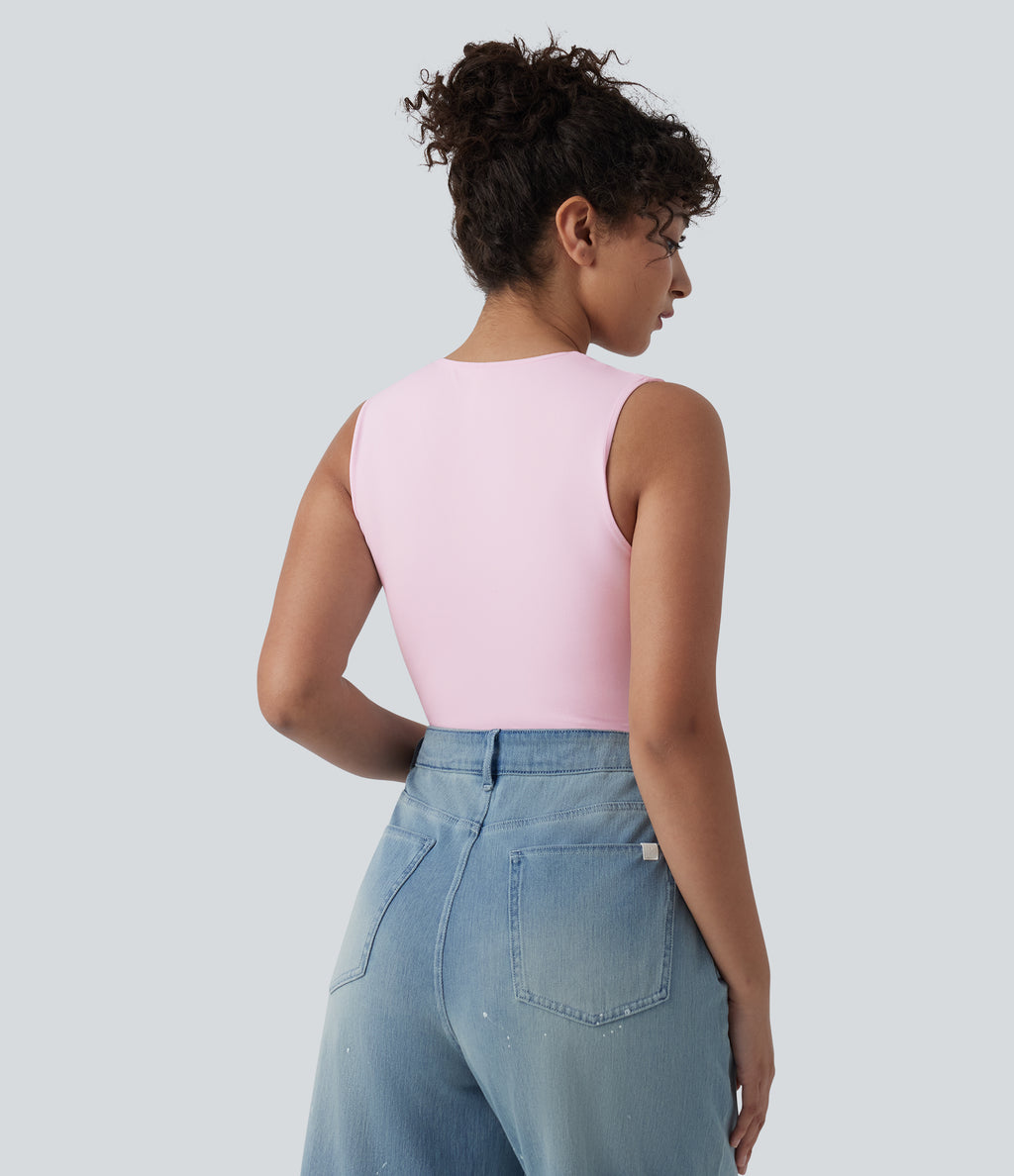 Square Neck Sleeveless Casual Bodysuit — Cradle Pink — view 2