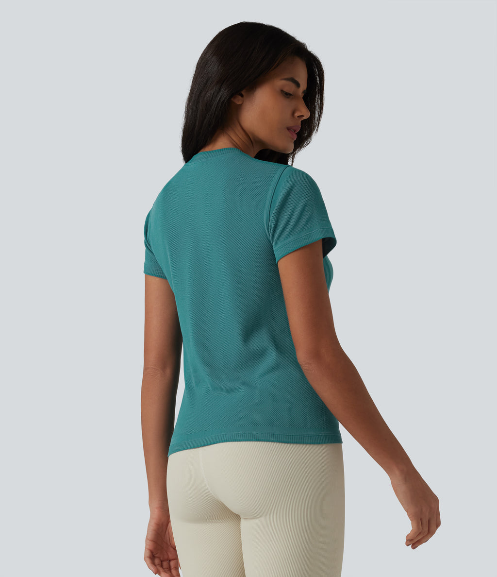 OneForm Seamless Flow Round Neck Short Sleeve Breathable Mesh Workout Sports Top — Bayou — view 2