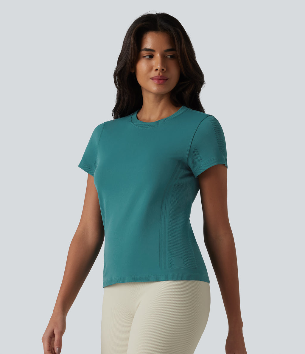 OneForm Seamless Flow Round Neck Short Sleeve Breathable Mesh Workout Sports Top — Bayou — view 4