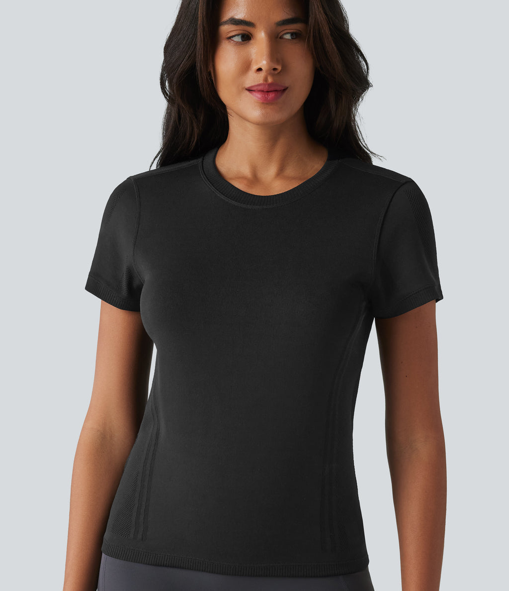 OneForm Seamless Flow Round Neck Short Sleeve Breathable Mesh Workout Sports Top — Black — view 6