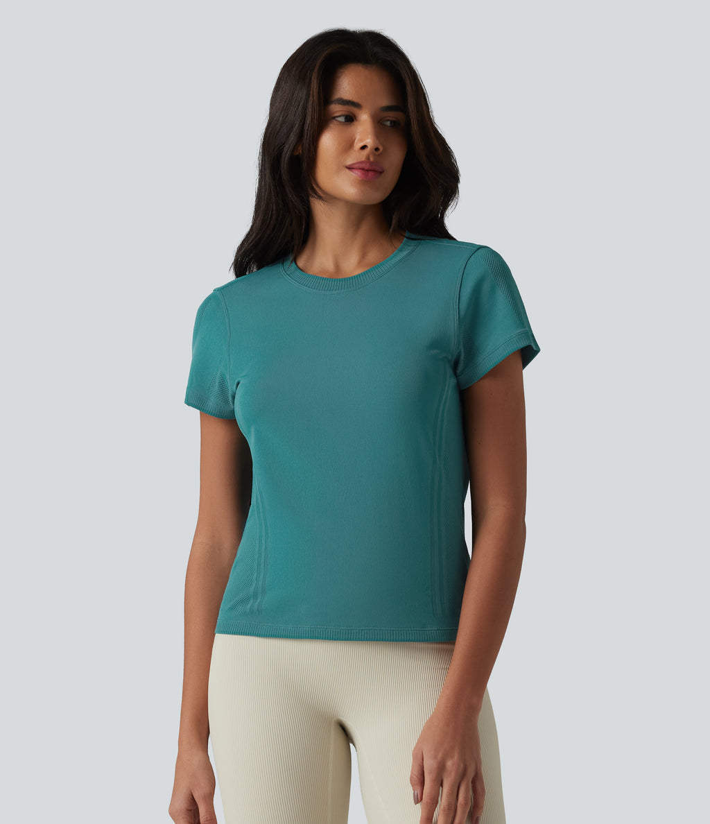 OneForm Seamless Flow Round Neck Short Sleeve Breathable Mesh Workout Sports Top — Bayou — view 3