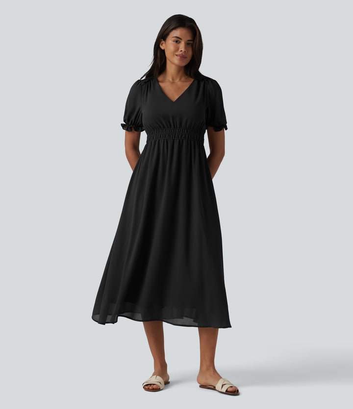 V-neck Puff Sleeve Shirred Waisted Midi Casual Flowy Dress — Black — view 5