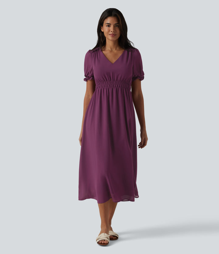 V-neck Puff Sleeve Shirred Waisted Midi Casual Flowy Dress — Grape Kiss — view 1