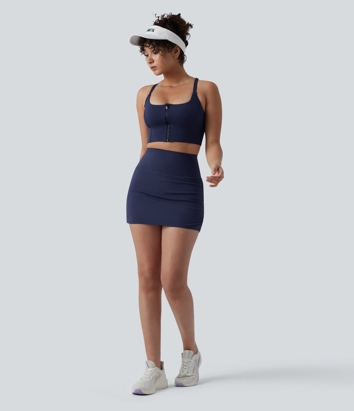 High Waisted Tummy Control 2-in-1 Ruched Bodycon Mini Tennis Skirt with Pockets — Peacoat — view 7