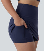 High Waisted Tummy Control 2-in-1 Ruched Bodycon Mini Tennis Skirt with Pockets — Peacoat — view 5
