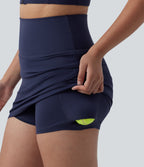 High Waisted Tummy Control 2-in-1 Ruched Bodycon Mini Tennis Skirt with Pockets — Peacoat — view 4