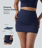 High Waisted Tummy Control 2-in-1 Ruched Bodycon Mini Tennis Skirt with Pockets — Peacoat — view 1