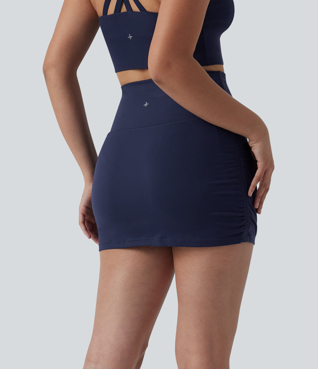 High Waisted Tummy Control 2-in-1 Ruched Bodycon Mini Tennis Skirt with Pockets — Peacoat — view 2