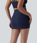 High Waisted Tummy Control 2-in-1 Ruched Bodycon Mini Tennis Skirt with Pockets — Peacoat — view 2