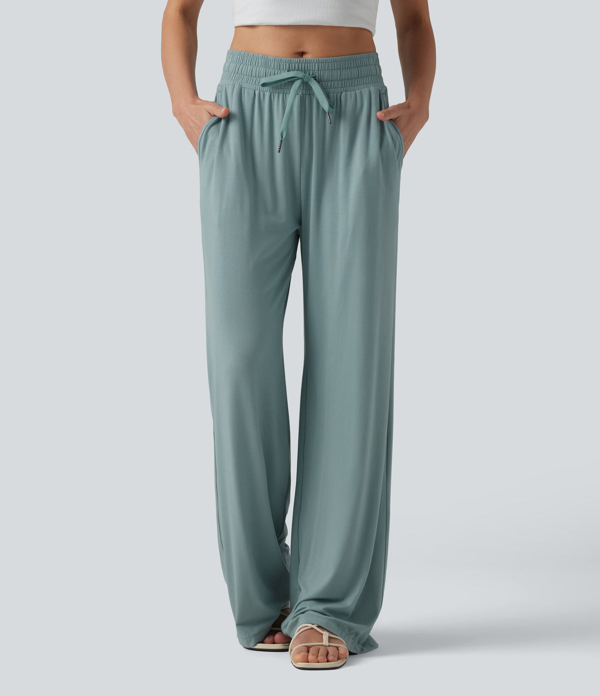 Mid Rise Drawstring Casual Baggy Trousers with Pockets — Clear Green — view 3
