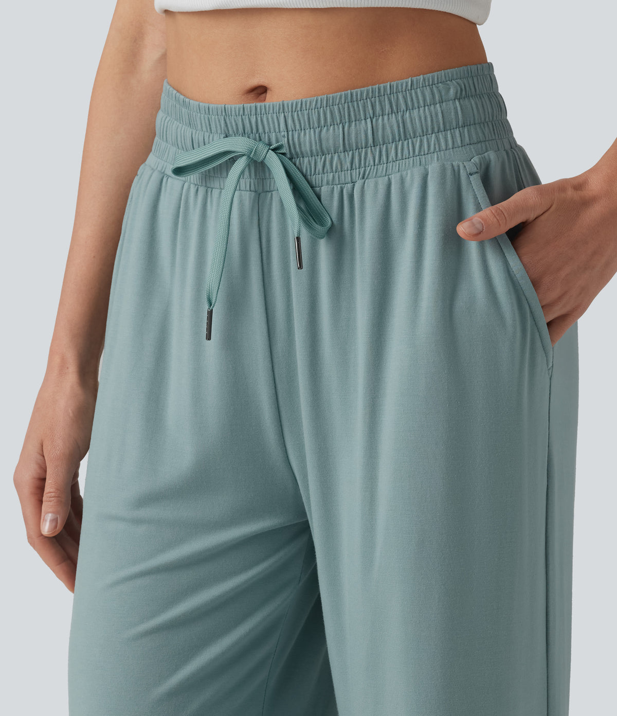 Mid Rise Drawstring Casual Baggy Trousers with Pockets — Clear Green — view 4