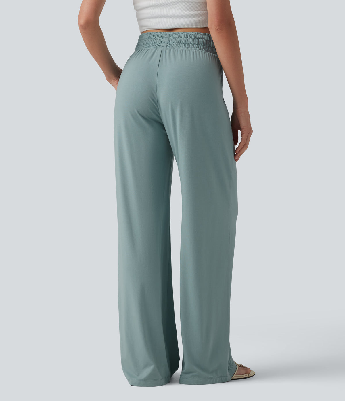 Mid Rise Drawstring Casual Baggy Trousers with Pockets — Clear Green — view 2
