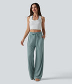 Mid Rise Drawstring Casual Baggy Trousers with Pockets — Clear Green — view 5