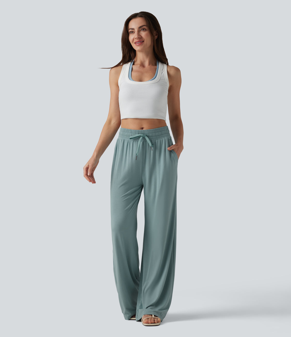 Mid Rise Drawstring Casual Baggy Trousers with Pockets — Clear Green — view 5