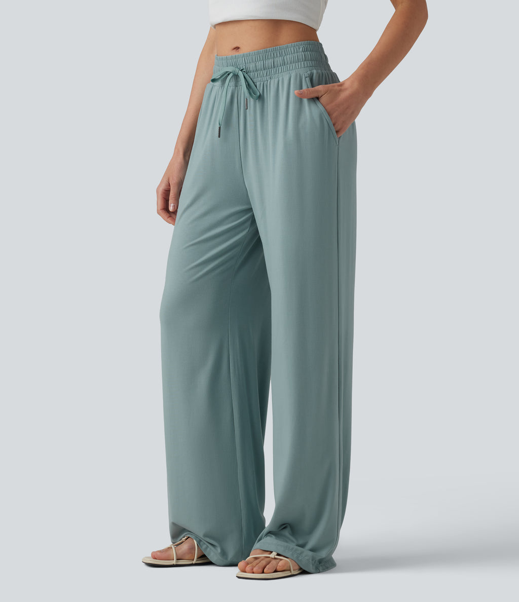 Mid Rise Drawstring Casual Baggy Trousers with Pockets — Clear Green — view 1